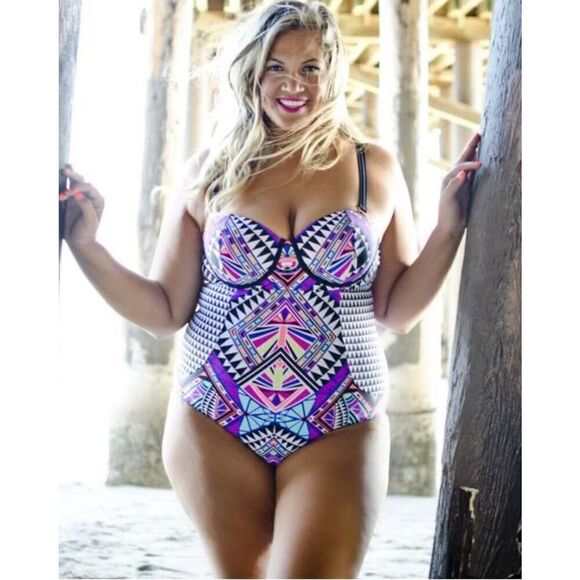 Swimsuits For All Swimsuit One Piece 14 Tribal Print Bright Wide Strap Plus‎ Bra - Picture 1 of 9
